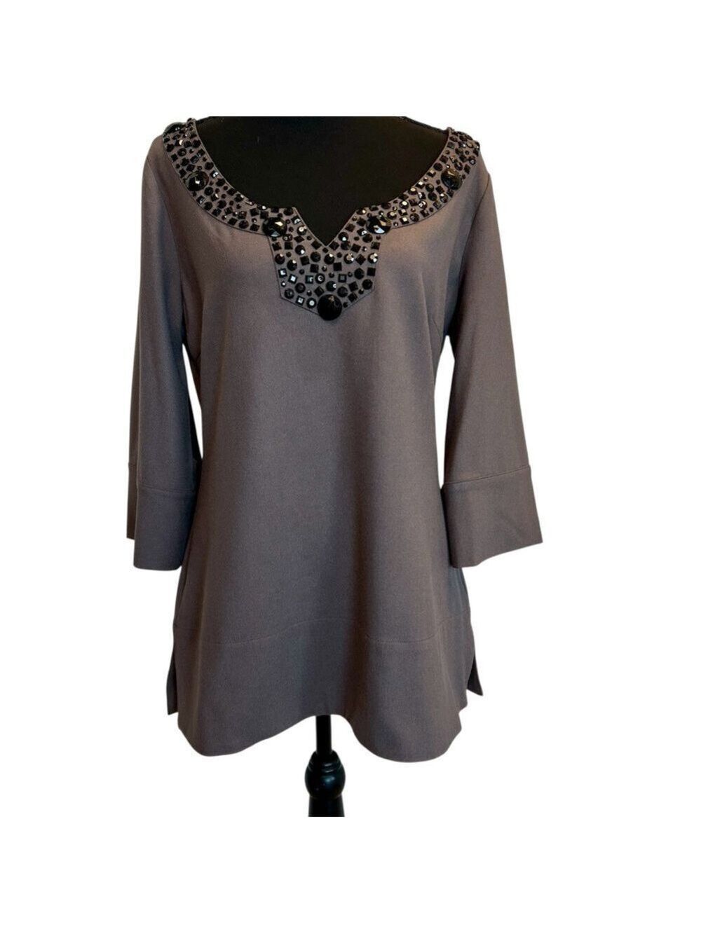 BCBGMAXAZRIA brown tunic blouse jewel embellished neck and 3/4 sleeves NWOT